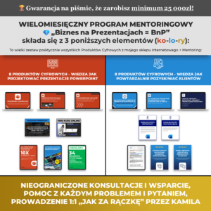 Wielomiesięczny Kompleksowy Program Mentoringowy "Biznes na Prezentacjach BnP" = Wszystkie Produkty + Mentoring 1:1 + Gwarancja 25tys zł zysku